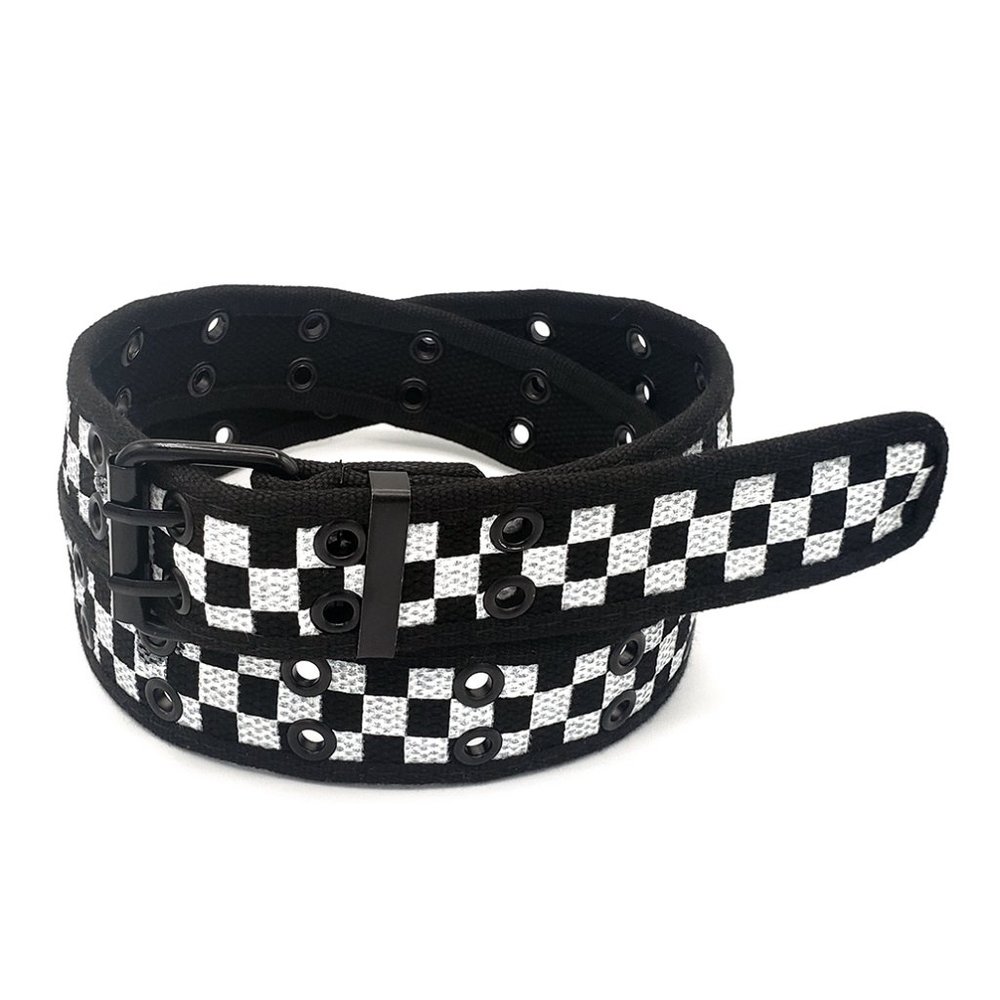 Black White Checkered 2 Holes Row Grommet Canvas Fabric Web Belt Size X-Large